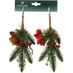 Künstliche Zweige mit Clip 23cm mit Blumen 2er Set Grün / Rot
