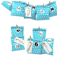 Frau WUNDERVoll® DIY Adventskalender Bescherung, Papiertueten flach 13x16,5cm, beachblau Stern, Ziffern schwarz-weiß