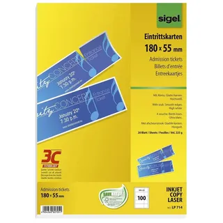 Sigel Eintrittskarten mit Abriss - bedruckbar, 180x 55 mm auf A4 225g/qm hochweiß VE=100 Stück