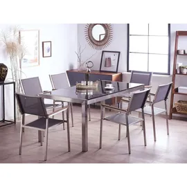 Beliani Gartenmöbel Set Schwarz Grau Granit Edelstahl Tisch 180 cm Poliert 90x180x87