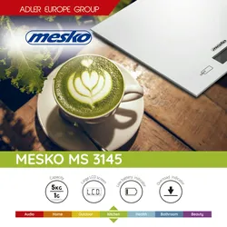 Mesko MS3145 Extra flache digitale Küchenwaage, Glasplattform, Genauigkeit 1g bis 5 kg, Tara-Funktion, Grau