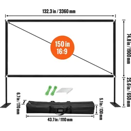 Vevor Projektionsleinwand mit Ständer 381cm Tragbare Filmleinwand 16:9 Outdoor Indoor Beamer Leinwand 347 x 201.9cm Mobile Beamer Leinwand 160°