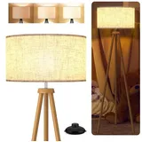 LMaxhome Stehlampe Stehlampe LED Dimmbar Dreibein Fußschalter Holz Stehleuchte mit Leinen, Holzfarben, LED fest integriert, mit E27 Leuchtmittel, 3 Farbtemperaturen (2700K Warmweiß/5000K Weiß/4000K Naturweiß), Höhe 155cm, aus Stoff Leselampe rundem Schirm, Wohnzimmer Schlafzimmer