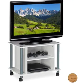 Relaxdays TV Tisch mit Rollen, 2 Fächer, Fernseher Ablage, Fahrbarer Fernsehtisch, HxBxT: 45 x 60 x 40 cm, weiß-Silber