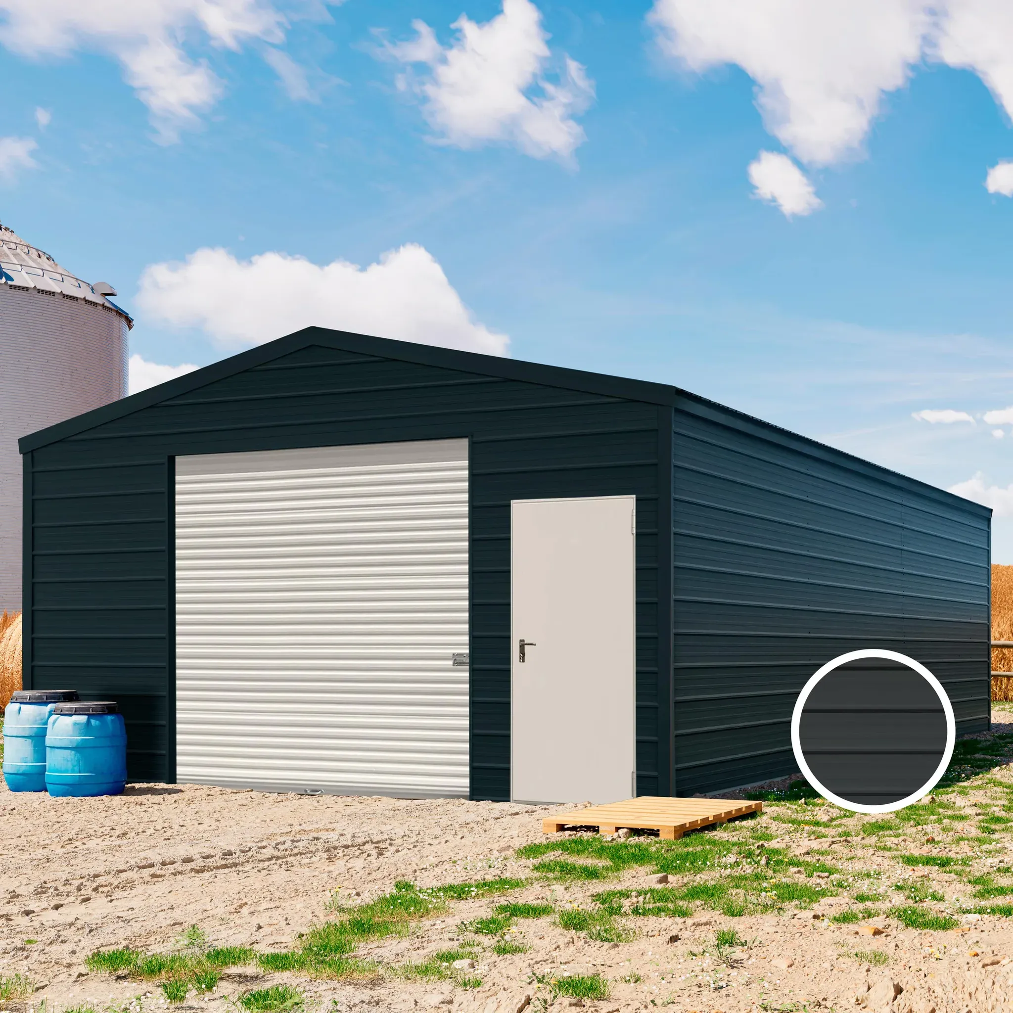 TOM BUILDER ARGO 5,7 x 9,2 m ARGO, Stahldach, Leichtbauhalle, Trapezblechverkleidung, Anthrazit, mit Statik (Betonuntergrund), mit Motor und Regenrinne - (KROV00080)
