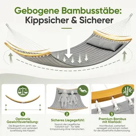 Sekey Hängematte Doppelhängematte mit Kissen bis 200 kg belastbar für 2 Personen XXL Hängesessel für Garten Balkon Camping Outdoor St... - Grau