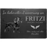 eGenuss Personalisierter Tiergrabstein Dackel aus Schiefer – wetterfeste Gedenktafel mit Gravur & Foto – Erinnerung an mutigen Hund – Andenken mit Namen & Bild, 30x20 cm