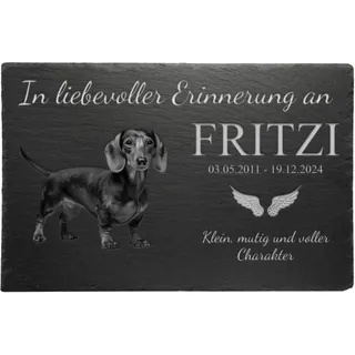 eGenuss Personalisierter Tiergrabstein Dackel aus Schiefer – wetterfeste Gedenktafel mit Gravur & Foto – Erinnerung an mutigen Hund – Andenken mit Namen & Bild, 30x20 cm