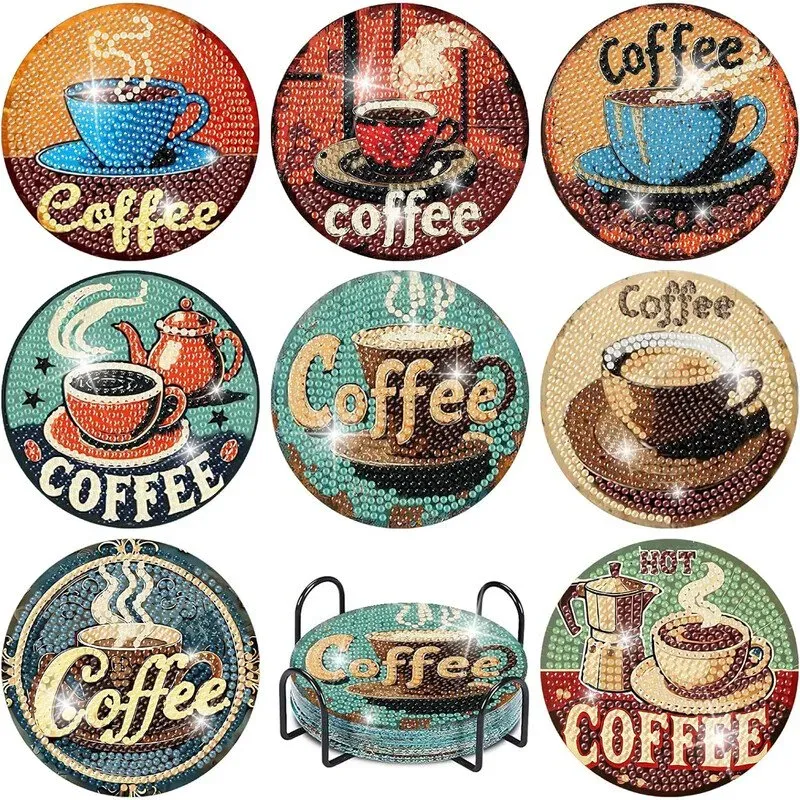 【3 € Rabatt ab 10 €】Ju7cer Kaffee-Diamant-Malerei Untersetzer-Set – 8-teiliges dekoratives Kunst-Untersetzer-Set mit Halter | DIY-Bastelset für Erwachsene 4 x 4 Zoll (10 x 10 cm)