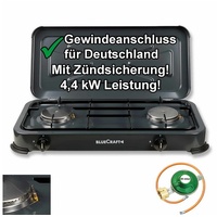 BlueCraft Gaskocher, (Gas-Kochfeld 2 flammen Propangas mit Schlauch und Druckminderer), Campingkocher 2-flammig mit Zündsicherung Gasschlauch Gasregler