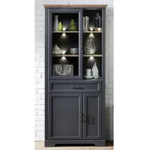 Stella Trading JASMIN Große Vitrine in Artisan Eiche Optik, Graphit - Vitrinenschrank mit LED-Beleuchtung und viel Stauraum im Landhausstil - 93 x 204 x 42 cm (B/H/T)