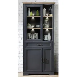 Stella Trading JASMIN Große Vitrine in Artisan Eiche Optik, Graphit - Vitrinenschrank mit LED-Beleuchtung und viel Stauraum im Landhausstil - 93 x 204 x 42 cm (B/H/T)