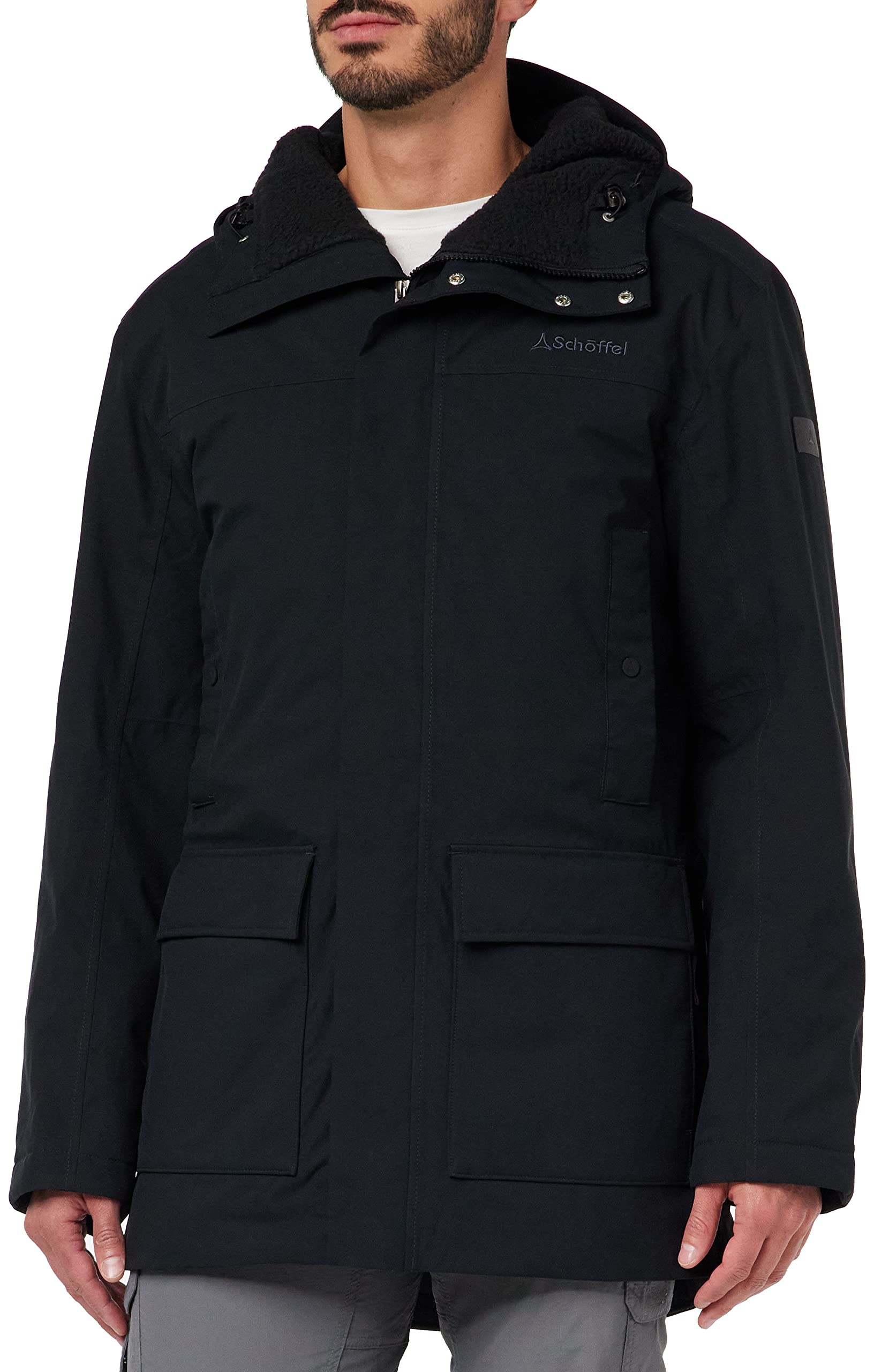 Schöffel Herren Ins. Parka Rotterdam M, wind- und wasserdichter Herren Parka mit Teddyfutter, Wintermantel mit 4-Wege-Stretch und Kopfhörerausgang, black, 50