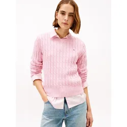 Rundhalspullover TOMMY HILFIGER "CO CABLE MID GG C-NK LS SWT", Damen, Gr. XXL (44), pink, Strick, Obermaterial: 100% Baumwolle, unifarben, regular fit normal, Rundhals, Rippbündchen, Pullover Rundhalspullover, mit Zopfmuster