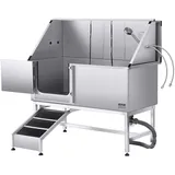 Vevor Hundewaschstation Edelstahl, 1500x700x1495 mm Tierpflegewanne mit Rampe, PE-Wasserfilterplatte, Wasserhahn, Duschkopf & Seifenhalter, für große, mittelgroße & kleine Haustiere (linke Tür)