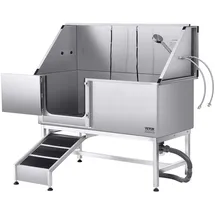 Vevor Hundewaschstation Edelstahl, 1500x700x1495 mm Tierpflegewanne mit Rampe, PE-Wasserfilterplatte, Wasserhahn, Duschkopf & Seifenhalter, für große, mittelgroße & kleine Haustiere (linke Tür)