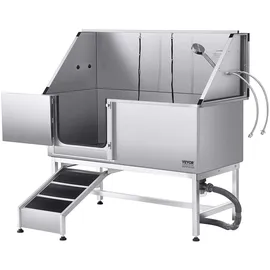 Vevor Hundewaschstation Edelstahl, 1500x700x1495 mm Tierpflegewanne mit Rampe, PE-Wasserfilterplatte, Wasserhahn, Duschkopf & Seifenhalter, für große, mittelgroße & kleine Haustiere (linke Tür)
