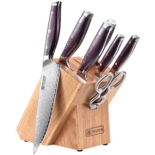 PAUDIN Messerblockset 8-teilig Damast Messer Set mit Holzgriff Kochmesser Santokumesser Brotmesser Allzweckmesser Gemüsemesser Küchenschere Wetzstahl mit Messerblock Küchenmesserset