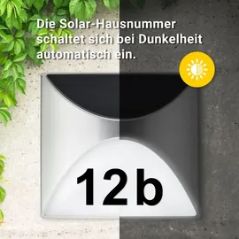 Melitec Solar-Hausnummer SH04, moderne LED-beleuchtete Hausnummer, für außen, wasserdicht, aus Edelstahl, kabellose Solar-Hausnummernleuchte - Silber