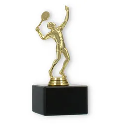 Tennis Pokal Kunststofffigur Tennisspieler gold auf schwarzem Marmorsockel 14,9cm