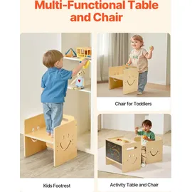 Vevor Montessori Tisch Stuhlset Kleinkindertischset (mit Tafel) aus Holz für 1–5-Jährige, höhenverstellbarer Kinderstuhl Aktivitätstisch Spieltisch, ideal zum Lesen Essen Spielen – Natur