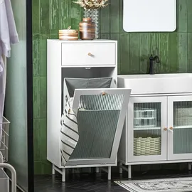 SoBuy Wäscheschrank mit ausklappbarem Wäschesack Wäschetruhe mit Glastür Wäschesammler Wäschekorb Badschrank Weiß Bht ca. 40x96x40cm