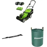 Greenworks G24X2LM41K4X Kabelloser Akku Rasenmäher, 41 cm Schnittbreite, 2 x 24V 4Ah-Akkus und Doppelladegerät + Greenworks 41cm Ersatzmesser + Greenworks 120l Gartenabfallsack