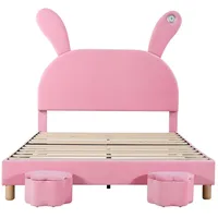 AUTOLOCK Polsterbett 140x200(Pink)mit zwei Aufbewahrungshockern,LED-Nachttischbeleuchtung,ausklappbare Hasenohren,höhenverstellbares Kopfteil - Rosa