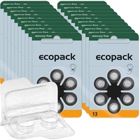 120x ecopack Hörgerätebatterien 13 (Orange), 20x6er Blister PR48 1,4V + Aufbewahrungsbox für 2 Hörgerätebatterien (alle Größen), transparente Batteriebox für Zwei Knopfzellen bis 12 mm x 6 mm (Ø x H)