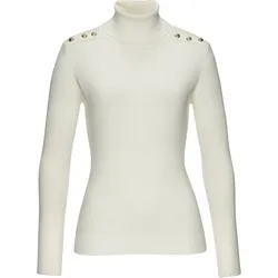 Rollkragenpullover LASCANA, Damen, Gr. 40/42, beige (creme), Strick, Obermaterial: 83% Viskose, 15% Polyamid, 2% Elasthan, unifarben, modisch, figurbetont hüftlang, Langarm, Pullover, mit Zierknöpfen auf den Schultern, Strickshirt, figurbetont, modisch