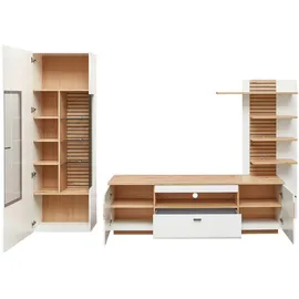 Casavanti Wohnwand Fresno, weiß Eiche Artisan, Glas, Holzwerkstoff, 3-teilig, 3 Glasböden 5 Holzböden Fächer, 1 Schublade(n) Schubladen, 296x201x47 cm Typenauswahl, Beimöbel erhältlich, stehend, Wohnzimmer, Wohnwände, Anbauwände