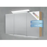 Intarbad Badezimmerspiegelschrank 3-türiger Spiegelschrank mit großflächiger MULTI LED Aufsatzleuchte (Doppelspiegeltüren, Holz-/ Lackdekore, Maße von 120 bis 140 cm wählbar, Höhe 70 cm, Glasfachböden, Magnetleiste & Kosmetikspiegel Ø 12 cm) dimmbar, Vormontierte Lieferung, 160 kg Traglast, Made in Germany bunt 130 cm x 70 cm x 13,5 cm