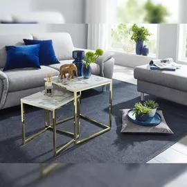 KADIMA DESIGN Beistelltisch Set in Marmor-Optik und goldener Farbe, Moderne und stilvolle Wohnzimmermöbel, 2 Größen, Robustes Metallgestell