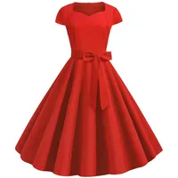 50er Rockabilly Petticoat Kleid Damen Hepburn Einfarbige Abendkleid Kurzarm Ballkleid mit V-Ausschnitt A-Linien Swing Cocktailkleid Hohe Taille Partykleid Abiballkleid Brautjungfern Kleider