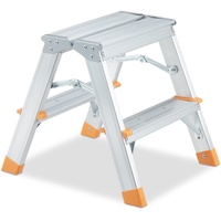 Relaxdays Trittleiter, Aluminium, klappbar, 2 Stufen, Leiter bis 150 kg, beidseitig begehbar, Stehleiter, Silber/orange