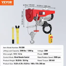 Vevor Seilwinde Metall 1200 kg 12 m grau