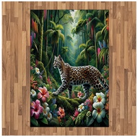 Teppich Flachgewebe Deko-Teppiche für das Wohn-,Schlaf-, und Essenszimmer, Abakuhaus, rechteckig, Katze Wildleopard im bunten Dschungel grün 120 cm x 180 cm