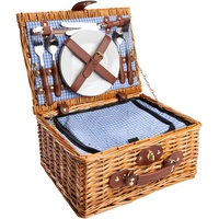 eGenuss Handgefertigtes Picknickkorb für 2 Personen – Kühlfach, Multifunktionsmesser, Edelstahlbesteck, Teller und Weingläser inklusive - Blaues Gingh