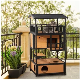 PawHut Katzenhaus,4 Etagen, Katzenvilla Katzenhütte für draußen, Gelb,