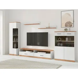 OTTO home Wohnwand Ribe: 5teilig, Breite: 280cm,Fronten aus Massivholz,Korpus aus Melamin, (Set, 5-St), Glaseinsatz aus gehärtetem Glas, Einlegeböden teilweise verstellbar weiß