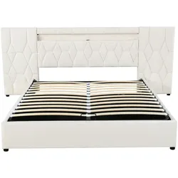 Merax Polsterbett, LED hydraulisches Doppelbett 180x200cm große Rückenlehne USB-Aufladen, Beige