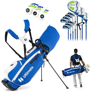 GYMAX komplettes Herren Golfschläger Set, 15-teiliges Golfschlägerpaket mit Standtasche & Regenschutz, Golfset mit 1 Driver & 3 Fairway & Hybrid & 5/6/7/8/9/P/S Eisen (Blau + Weiß)
