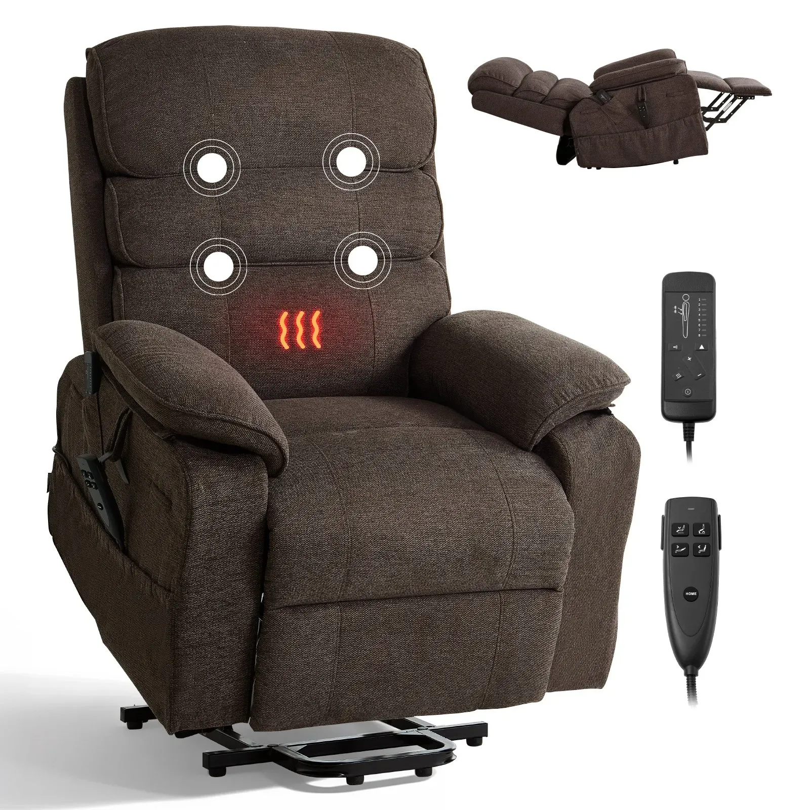 VEVOR Fernsehsessel Elektrisch, Relaxsessel mit Aufstehhilfe, Wärme- & Massagefunktion, Seniorensessel Stufenlose Verstellung, Massagesessel mit Chenille-Bezug & Fernbedienung, Braun