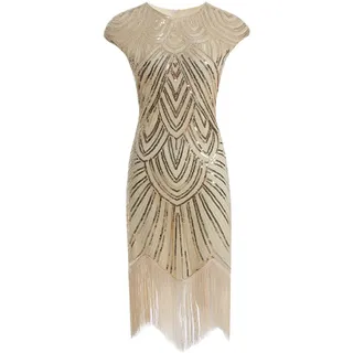 MIMIKRY 20er Jahre Charleston Pailletten Kleid Creme/Gold mit Fransen Flapper Damen-Kostüm, Größe:S - S