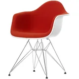 Vitra - Eames Plastic Armchair DAR Vollpolster, verchromt / weiß / Hopsak poppy red (Kunststoffgleiter basic dark)