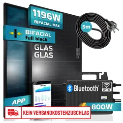 SUNNIVA® Balkonkraftwerk FULL BLACK BIFACIAL GLAS-GLAS 1196W/800W Solaranlage mit 800W TSUN Micro Wechselrichter Wifi Bluetooth, upgradebar drosselbar, 2x460W Solarmodule, 5m Kabel, Photovoltaikanlage