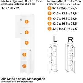 trendteam Hochschrank Amanda weiß Hochglanz Asteiche Nachbildung B/H/T: ca. 37x190x31 cm