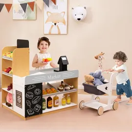 Costway Kaufmannsladen, Kinder mit Einkaufswagen, Holz mit Kasse & 2 Tafeln, Einkaufsladen für Kinder ab 3 Jahren