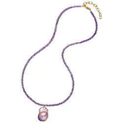 Kette mit Anhänger FIRETTI "Schmuck Geschenk, Steinkette mit Perle", bunt (silberfarben, lila, violett), Halsketten, Damen, Silber 925 (Sterlingsilber)-Nylon-Perlen, L: 50cm, Silber 925 (Sterlingsilber), Nylon, Perlen, Made in Germany - mit Amethyst oder Citrin - mit Süßwasserzuchtperle