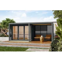 Karibu 38 mm Saunahaus Ares 3 Naturbelassen/Graualuminium + Anbaudach inkl. 9 kW Ofen + ext. Steuerung